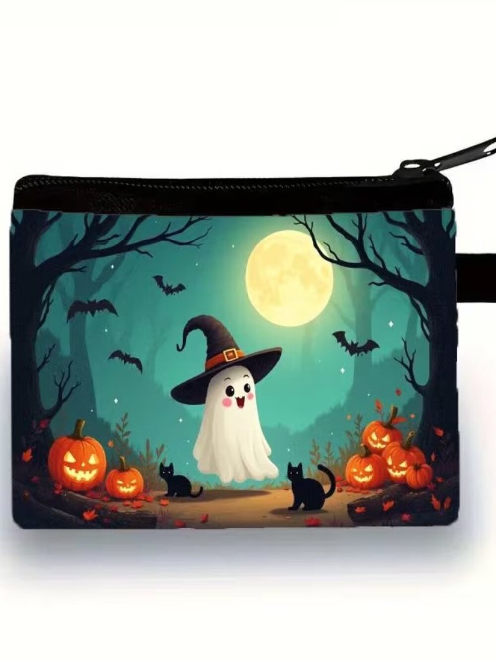Halloween Gothic Witch Ghost & Pumpkins Makeup Bag Double-Sided 4.1h" x 5.6"w